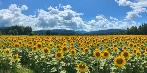 Obraz premium A vibrant sunflower field under a bright blue sky with fluffy clouds and distant mountains.