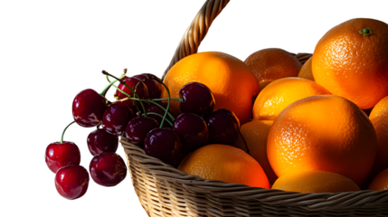 Fresh Cherries and Oranges in a Wicker Basket