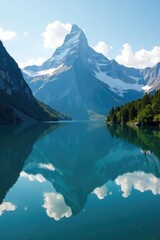 Naklejka premium majestic mountain peak reflected in calm lake, serenity, fjords