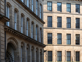 Tall 19th century neoclassical buildings in the Bradford Little Germany District