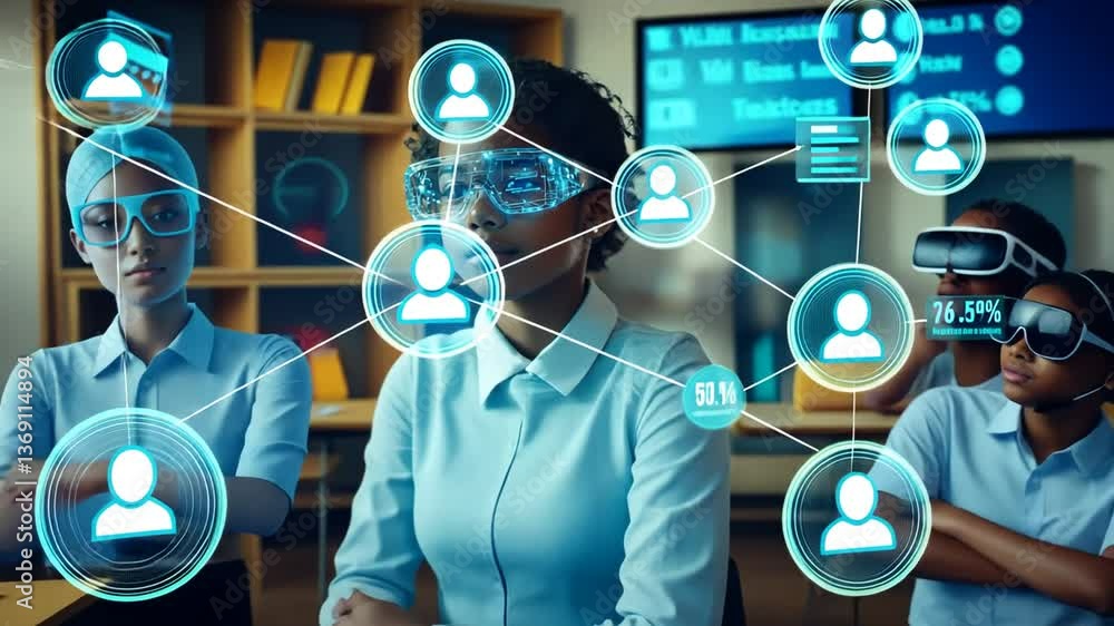 Poster virtual classroom utilizes holographic teachers with ai analysis generative ai