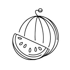 Fototapeta premium Simple black line drawing of a whole watermelon with a slice cut out, isolated