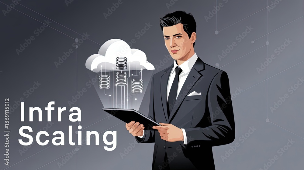Poster digital architect: a professional stands confidently, interacting with a digital cloud-based infrast