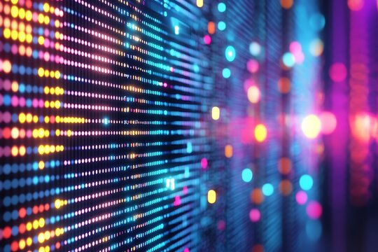 Abstract Glowing Dotted Grid with Vibrant Colors and Bokeh Lights Background
