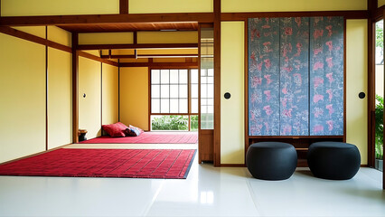 Traditional Japanese - style room with tatami mats, sliding doors, and decorative fabric panels.