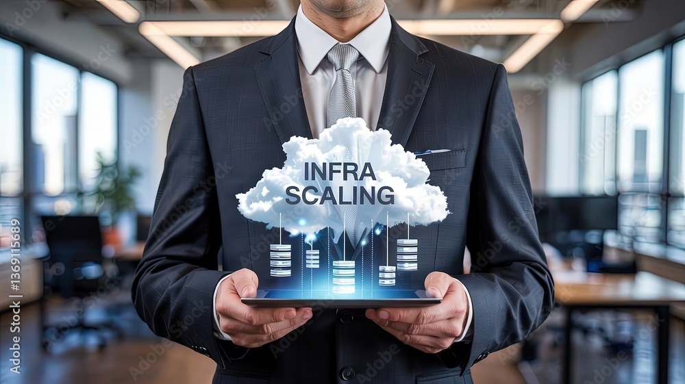 Poster embracing cloud infrastructure: a person in a suit and tie is holding a digital tablet with the word