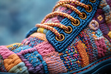 a close-up shot of the details of a colorful sneaker, highlighting the materials, stitching, and design elements.