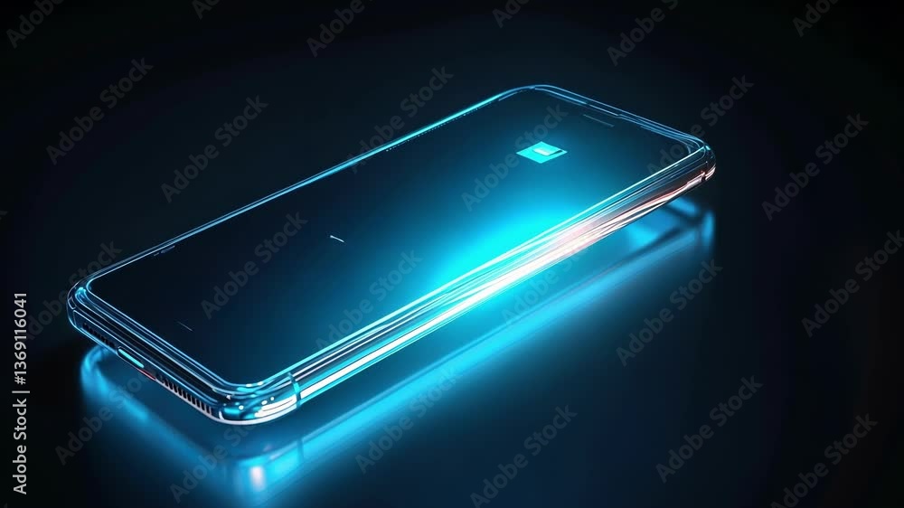 Poster futuristic mobile phone is showing encrypting data flow and a padlock icon on dark background, repre