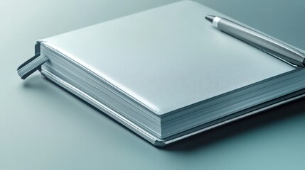 A closed notebook with a pen lying on top, minimalist style, cool tones.