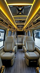 Fototapeta premium Luxurious Van Interior with Beige Leather Seats, Ambient Lighting, & Polished Trim