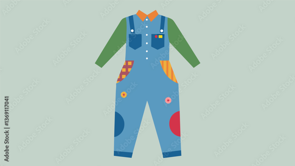 Aufkleber a jumpsuit crafted from old denim and adorned with patches of colorful fabric and recycled buttons p