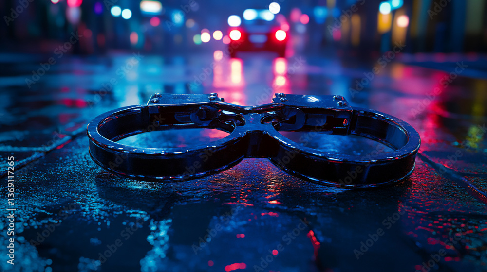 Poster a conceptual image representing law and order with a police car and abstract elements like handcuffs