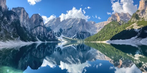 Serene mountain lake reflecting majestic peaks and clouds under a bright blue sky.