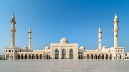 Grand White Mosque Exterior With Minarets Under Clear Sky