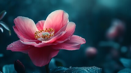 Detailed Pink Flower Blossom with Water Droplets and a Soft Teal Background