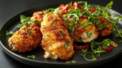 Delicious Crispy Breaded Chicken Breast Pieces served on a dark plate with fresh arugula salad and roasted red peppers A perfect restaurant style meal