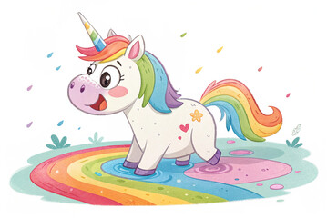 Cute Unicorn Playing With Rainbow Puddle Cartoon isolated on transparent background - generated by ai