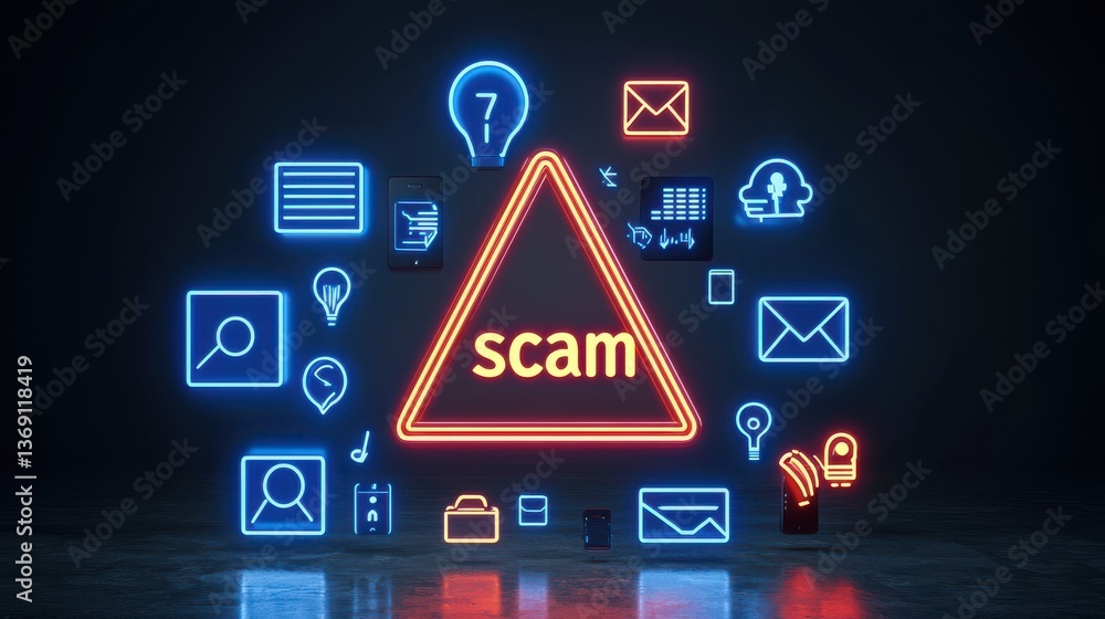 Poster neon triangle shaped warning sign with various cybersecurity related icons including email data and 