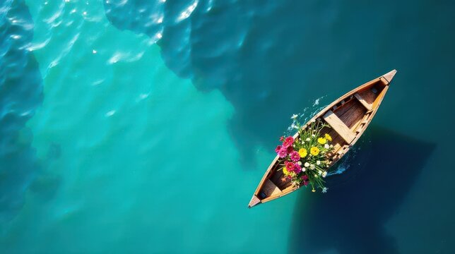 Serene aquatic scene of a small wooden rowboat adorned with a vibrant bouquet of wildflowers, gently gliding on tranquil turquoise waters