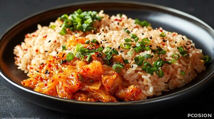 Delicious Kimchi and Rice Bowl Spicy Korean Cuisine Close Up  Savory Kimchi perfectly cooked rice and spring onions garnish a vibrant and appetizing meal