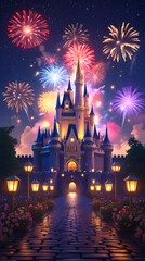 Naklejka premium fairytale castle ,fireworks