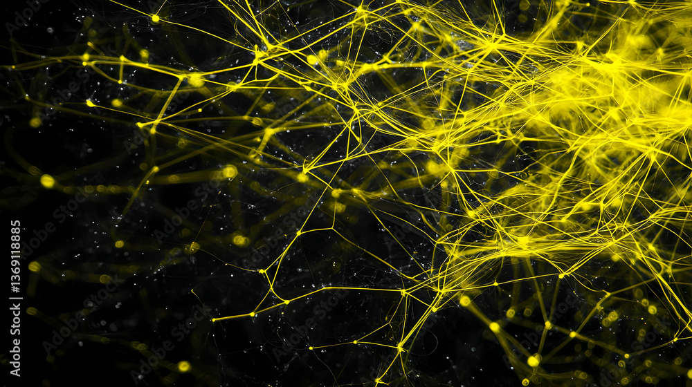 Poster abstract network design with bright yellow lines and dots on black background