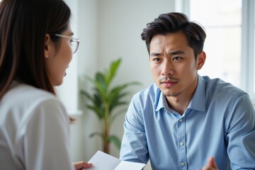 Conversational Engagement Between Asian Male and Female Professionals in a Modern Office Setting, Focusing on Communication and Understanding