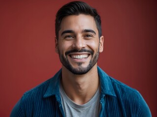 Obraz premium Cheerful American man laughing over maroon background. Ai Generative.