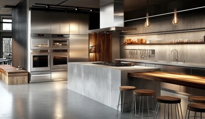 Modern kitchen design featuring island stainless steel appliances and stools