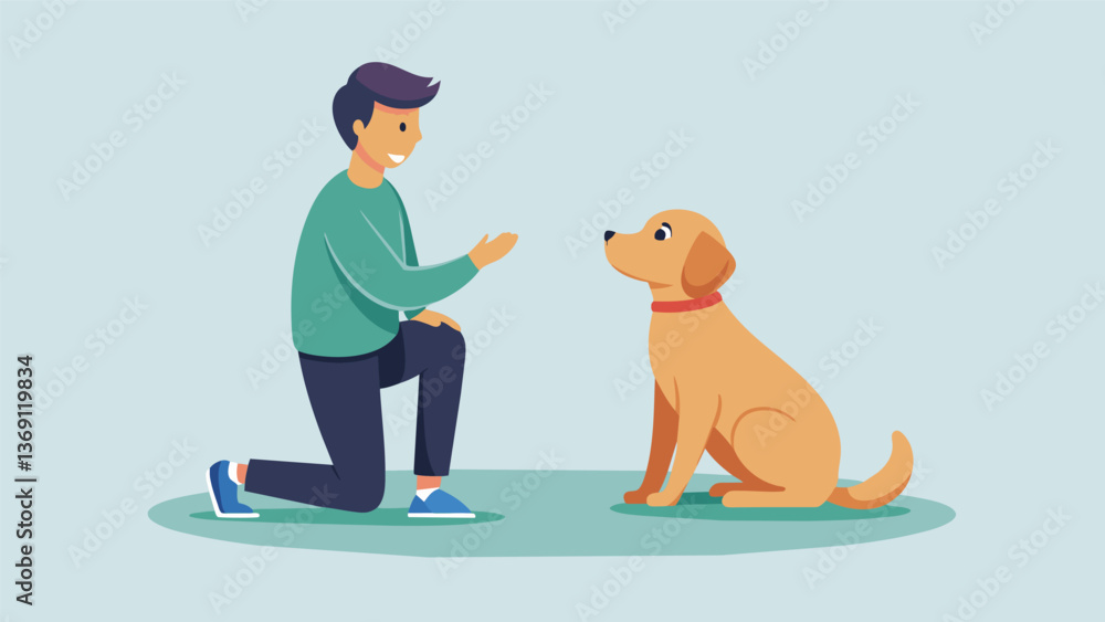 Poster a patient puppy sits calmly as its owner practices the stand command perfecting its stance for futur