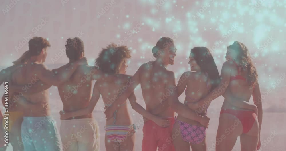 Poster group of friends embracing on beach with sparkling light animation overlay