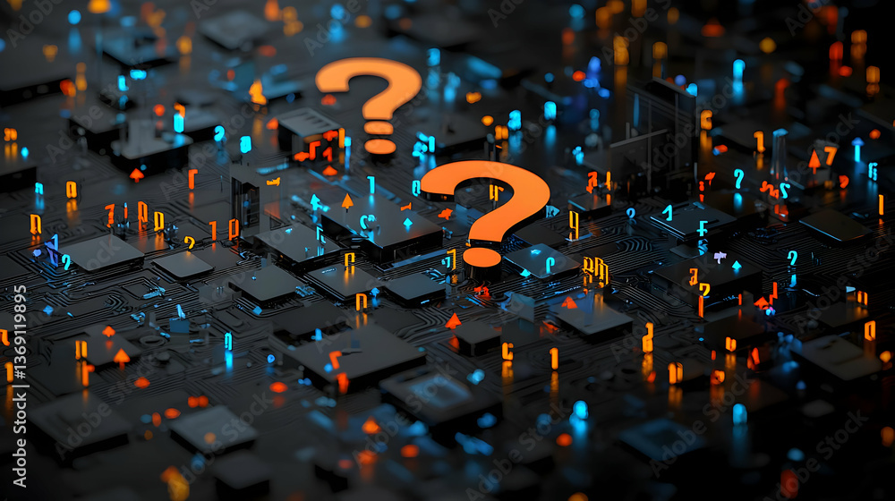 Poster abstract circuit board with question marks