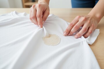 A Female Applying a Stain Remover Patch on a White T-Shirt to Effectively Clean Stains at Home