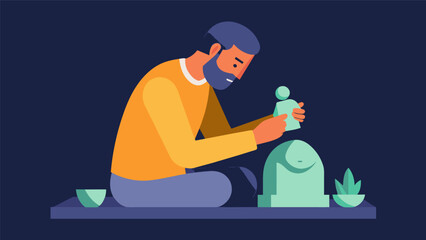 A man meticulously carving a piece of soapstone into a small figurine finding peace and calm in the intricate and meditative process of sculpting in. Vector illustration