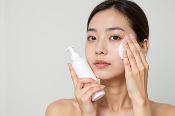 A Young Asian Woman Demonstrating Skincare Routine with Facial Cleanser in a Minimalist Setting