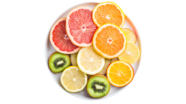 A vibrant plate of sliced citrus fruits and kiwis perfect for health diet and culinary theme