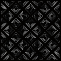 Black background with figures from dots. Black and white pattern for web page, textures, card, poster, fabric, textile. Repeating design.