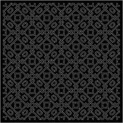 Black background with figures from dots. Black and white pattern for web page, textures, card, poster, fabric, textile. Repeating design.