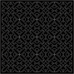 Black background with figures from dots. Black and white pattern for web page, textures, card, poster, fabric, textile. Repeating design.