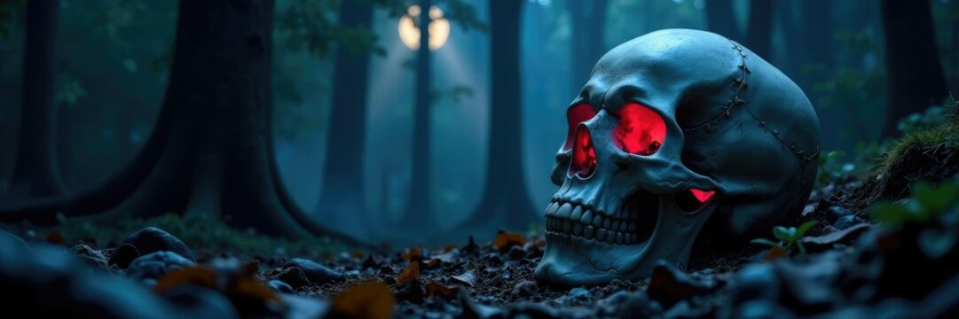 Soft moonbeams illuminate skull in dark forest, nocturnal scene, mystical