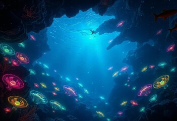 Fototapeta premium Ethereal bioluminescent flora and fauna populate a vast, empty, otherworldly ocean abyss, aquatic, texture