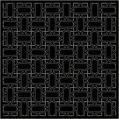 
Black background with figures from dots. Black and white pattern for web page, textures, card, poster, fabric, textile. Repeating design.