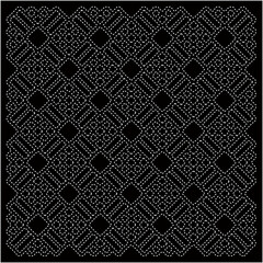 
Black background with figures from dots. Black and white pattern for web page, textures, card, poster, fabric, textile. Repeating design.