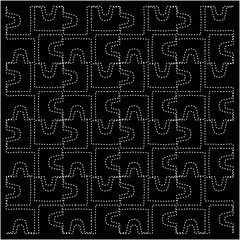 
Black background with figures from dots. Black and white pattern for web page, textures, card, poster, fabric, textile. Repeating design.