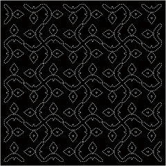 
Black background with figures from dots. Black and white pattern for web page, textures, card, poster, fabric, textile. Repeating design.