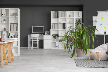 Interior of stylish office with sofa, workplace and shelving unit