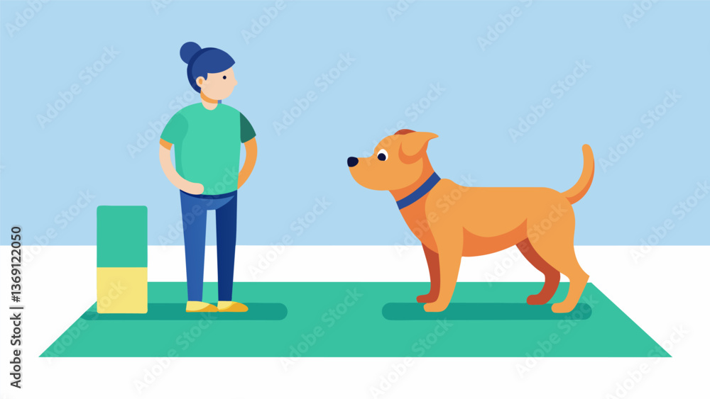 Poster a puppy obediently stays put while its owner takes a few steps away during a game of stay in the tra
