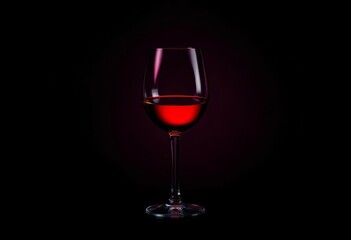 A single glass of red wine, dramatically lit against a dark backdrop, rich color, still life