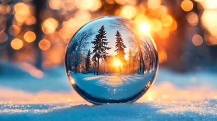 Winter Sunset Reflection In a Glass Sphere Resting On Snow, Bokeh Background