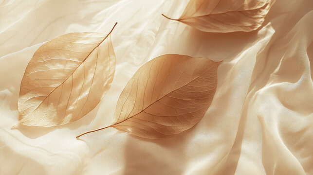 A minimalist artistic photo featuring dried botanical leaves on cream-colored fabric, gentle creasing adds depth and motion, bright ambient light with soft highlights